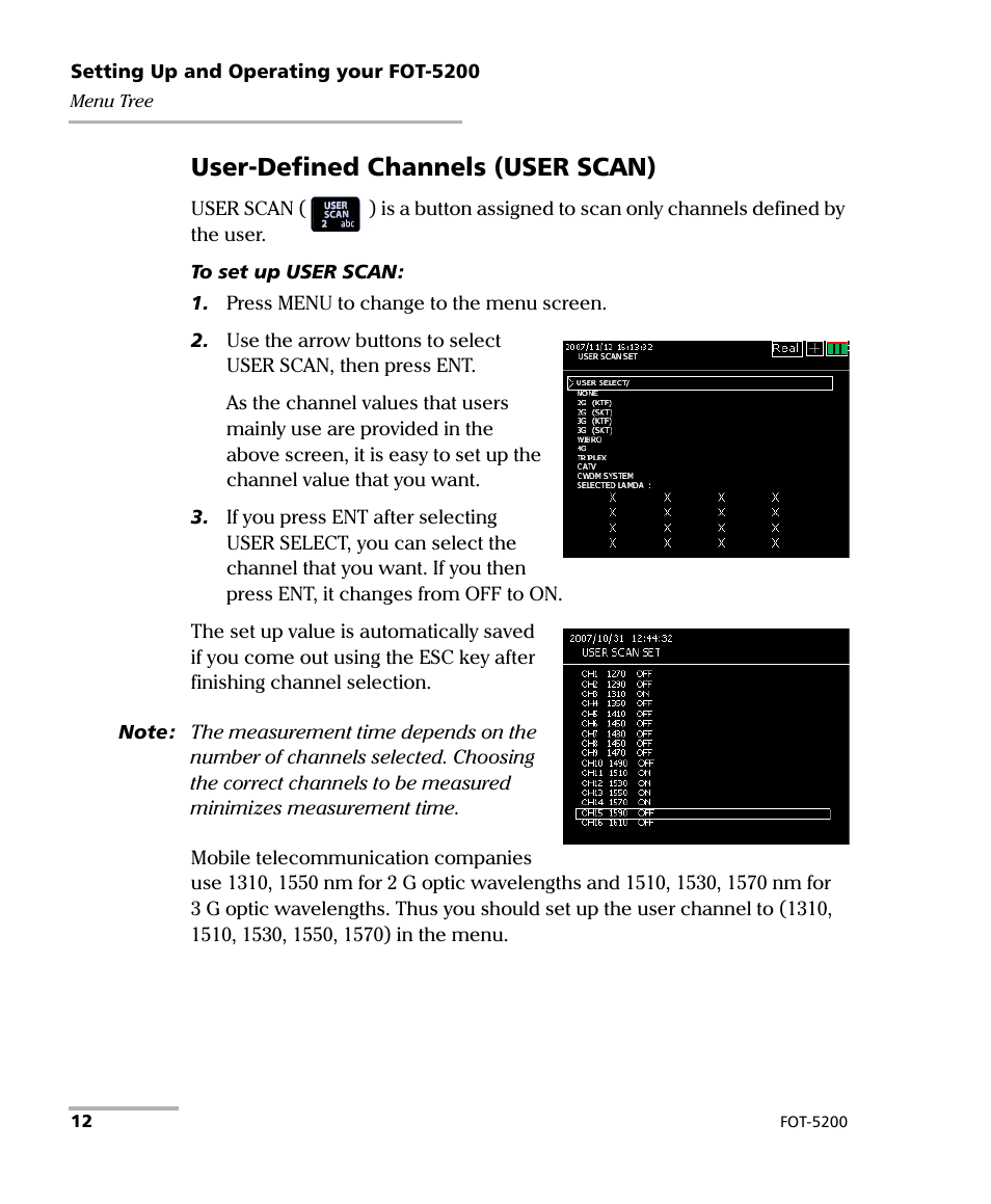 User-defined channels (user scan) | EXFO FOT-5200 Coarse Spectrum Analyzer User Manual | Page 18 / 47