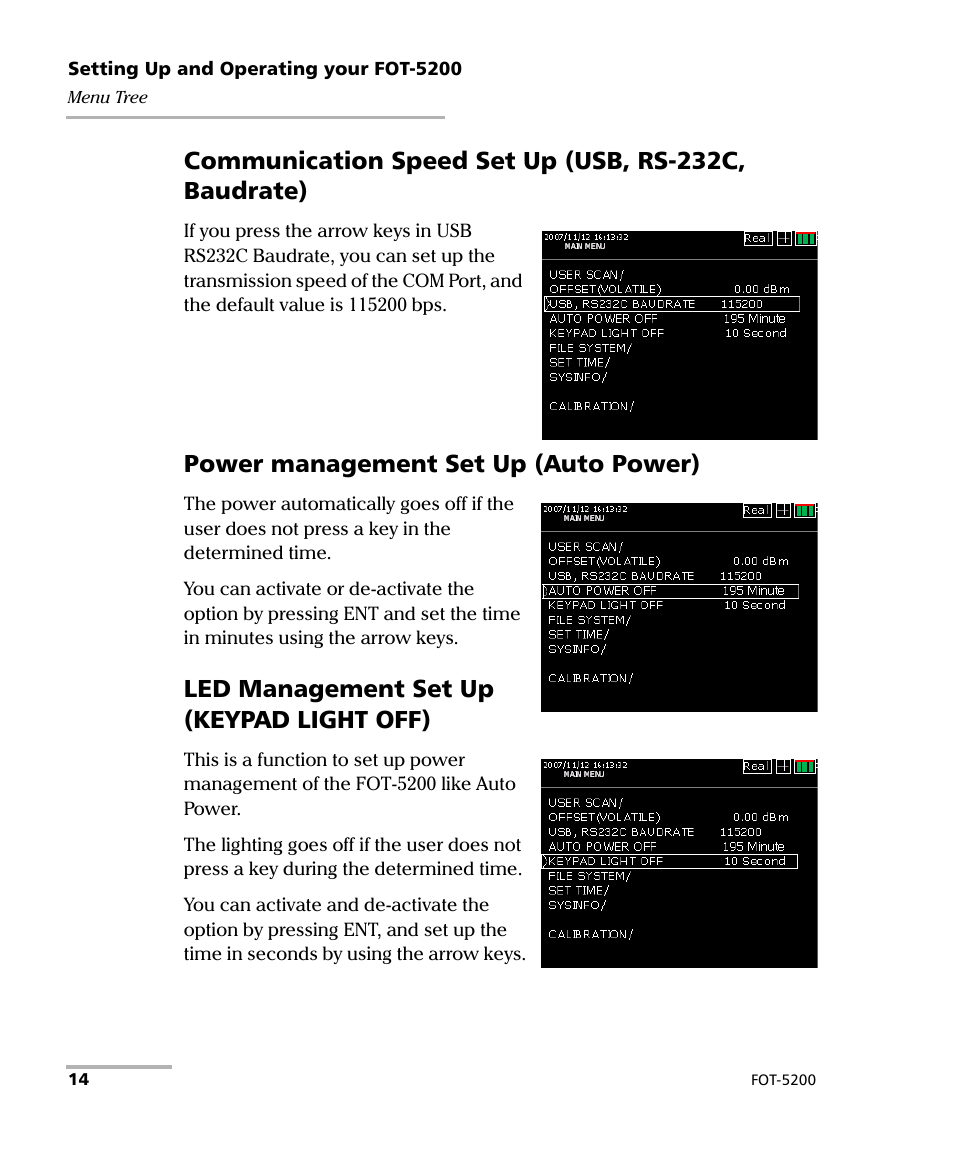 Power management set up (auto power), Led management set up (keypad light off) | EXFO FOT-5200 Coarse Spectrum Analyzer User Manual | Page 20 / 47
