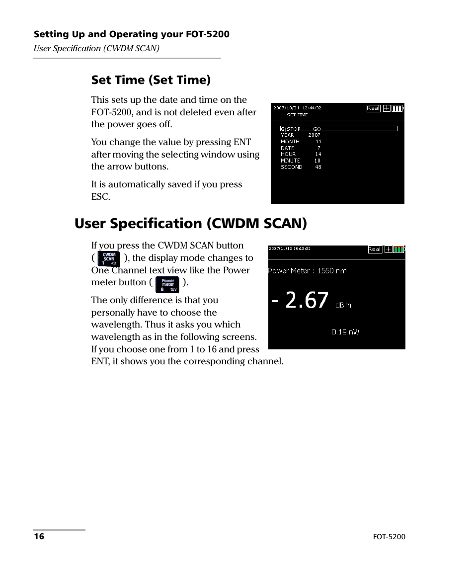 User specification (cwdm scan), Set time (set time) | EXFO FOT-5200 Coarse Spectrum Analyzer User Manual | Page 22 / 47