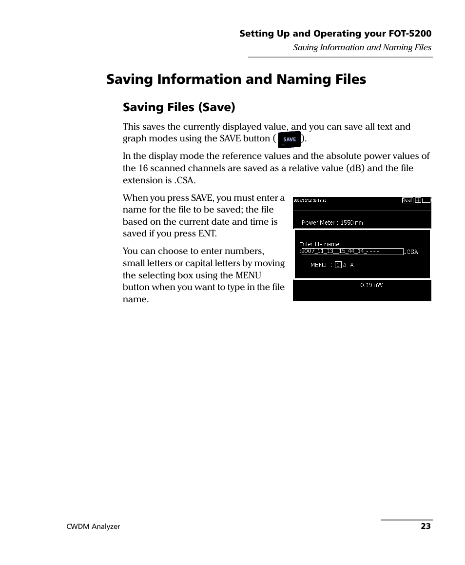 Saving information and naming files, Saving files (save) | EXFO FOT-5200 Coarse Spectrum Analyzer User Manual | Page 29 / 47