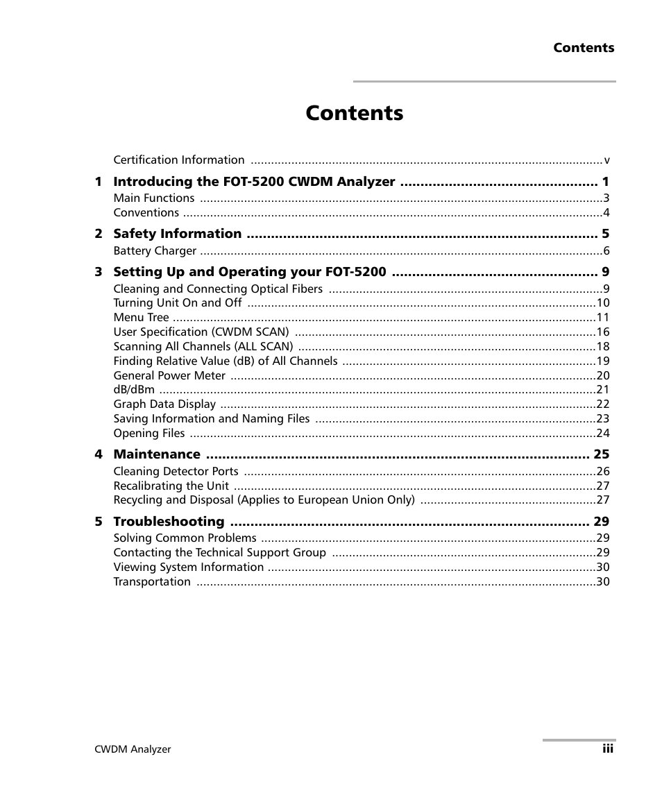 EXFO FOT-5200 Coarse Spectrum Analyzer User Manual | Page 3 / 47
