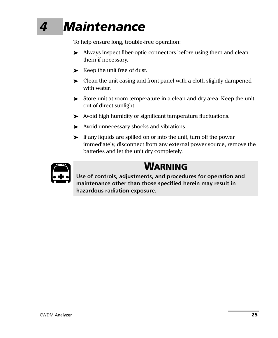 4 maintenance, 4maintenance, Arning | EXFO FOT-5200 Coarse Spectrum Analyzer User Manual | Page 31 / 47