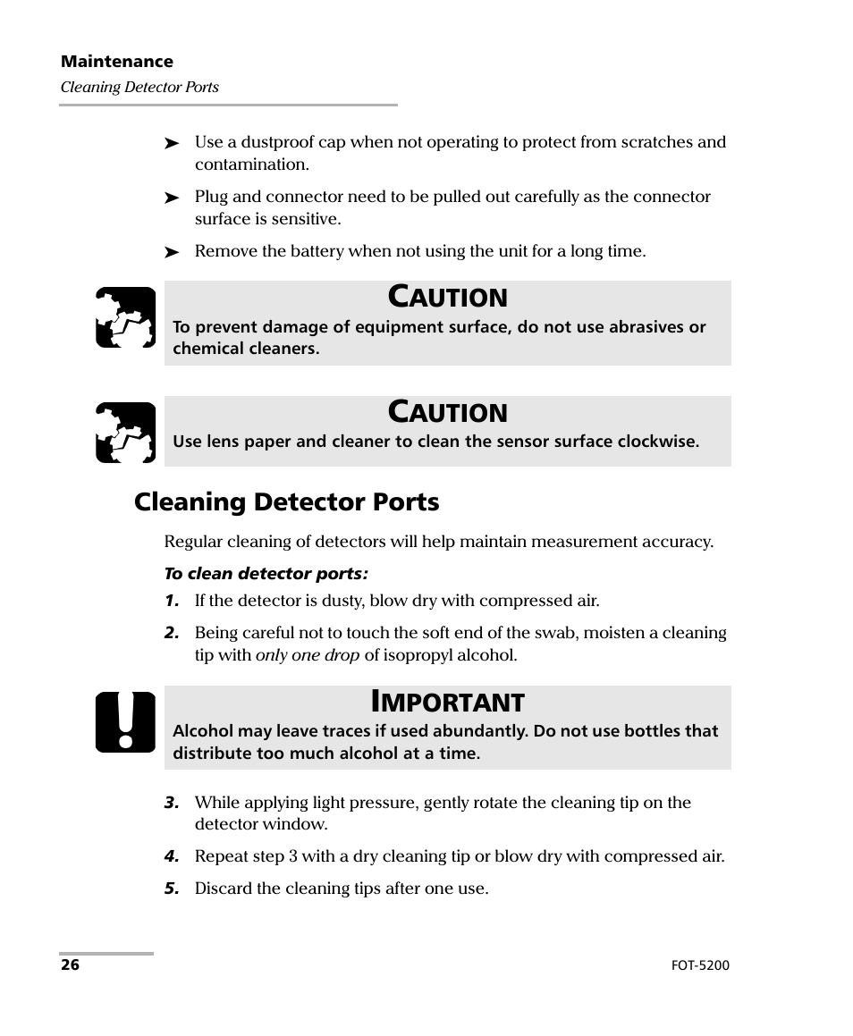 Cleaning detector ports, Aution, Mportant | EXFO FOT-5200 Coarse Spectrum Analyzer User Manual | Page 32 / 47