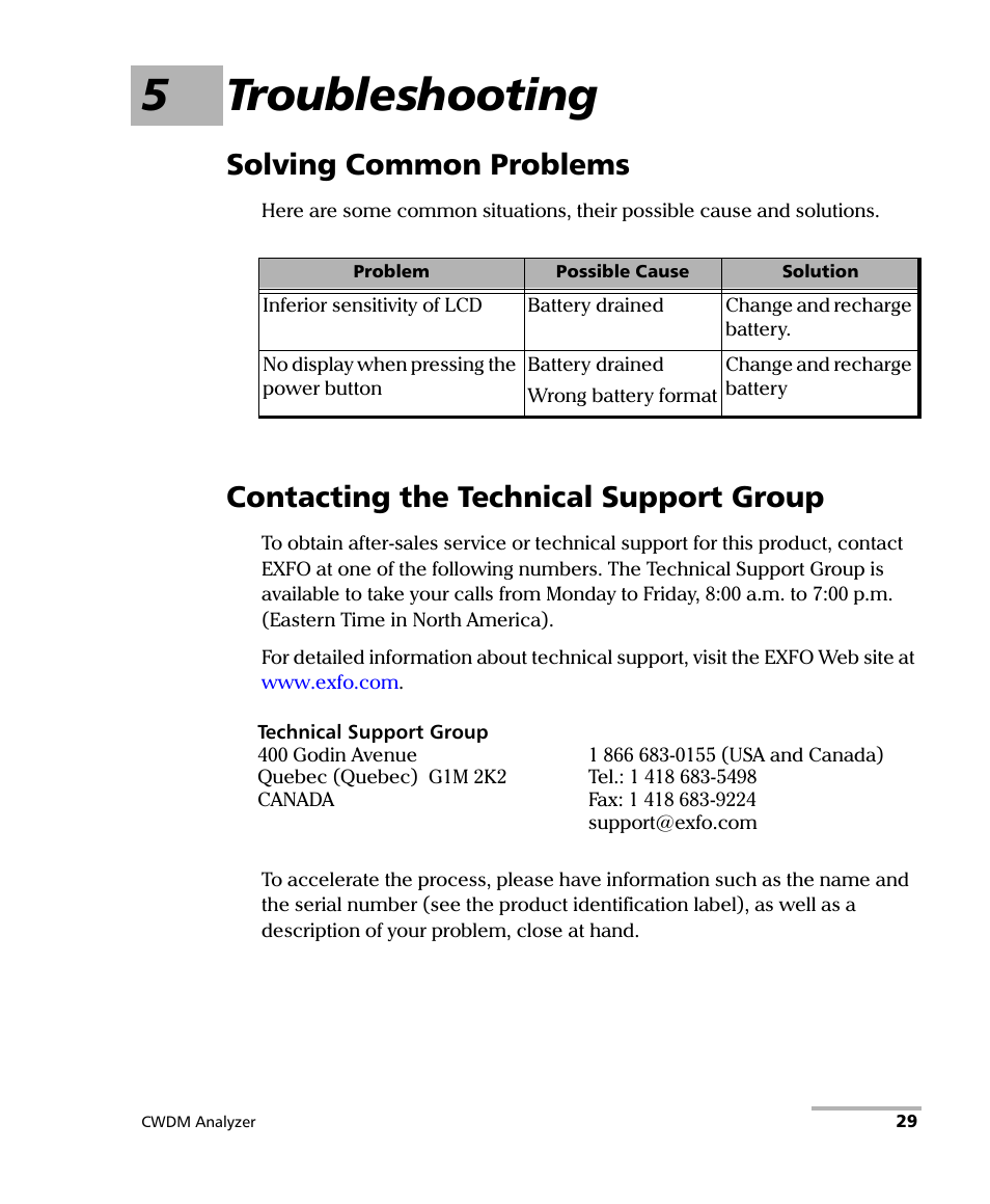 5 troubleshooting, Solving common problems, Contacting the technical support group | 5troubleshooting | EXFO FOT-5200 Coarse Spectrum Analyzer User Manual | Page 35 / 47