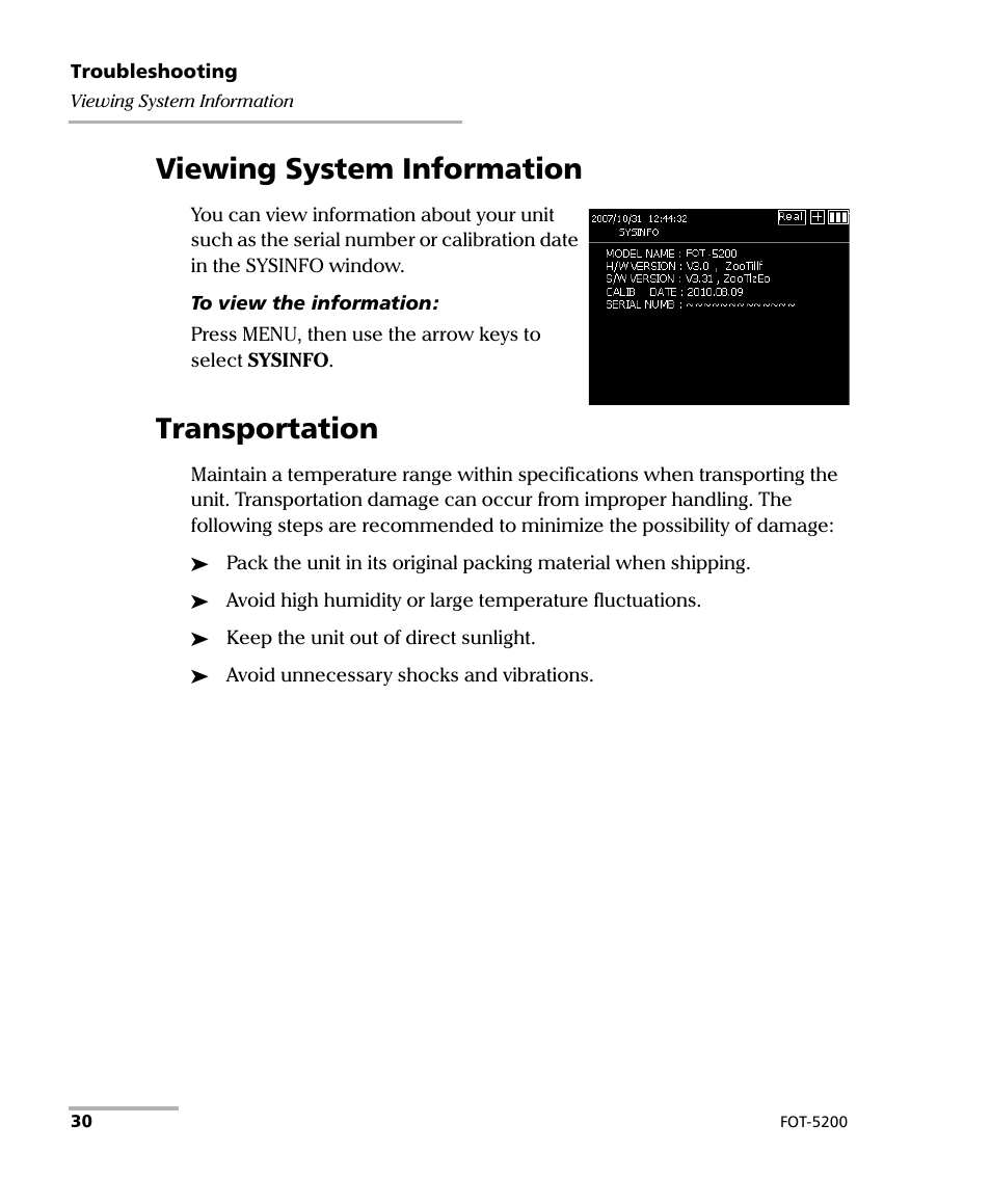 Viewing system information, Transportation, Viewing system information transportation | EXFO FOT-5200 Coarse Spectrum Analyzer User Manual | Page 36 / 47