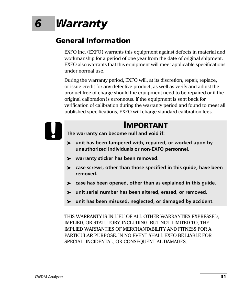 6 warranty, General information, 6warranty | Mportant | EXFO FOT-5200 Coarse Spectrum Analyzer User Manual | Page 37 / 47