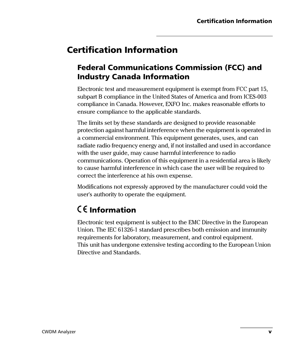 Certification information, Information | EXFO FOT-5200 Coarse Spectrum Analyzer User Manual | Page 5 / 47