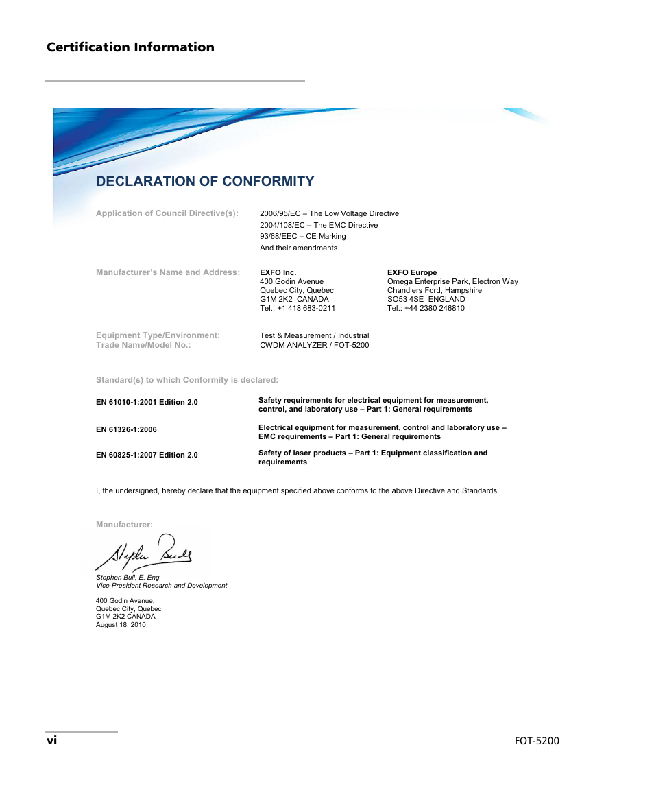 Declaration of conformity, Certification information | EXFO FOT-5200 Coarse Spectrum Analyzer User Manual | Page 6 / 47