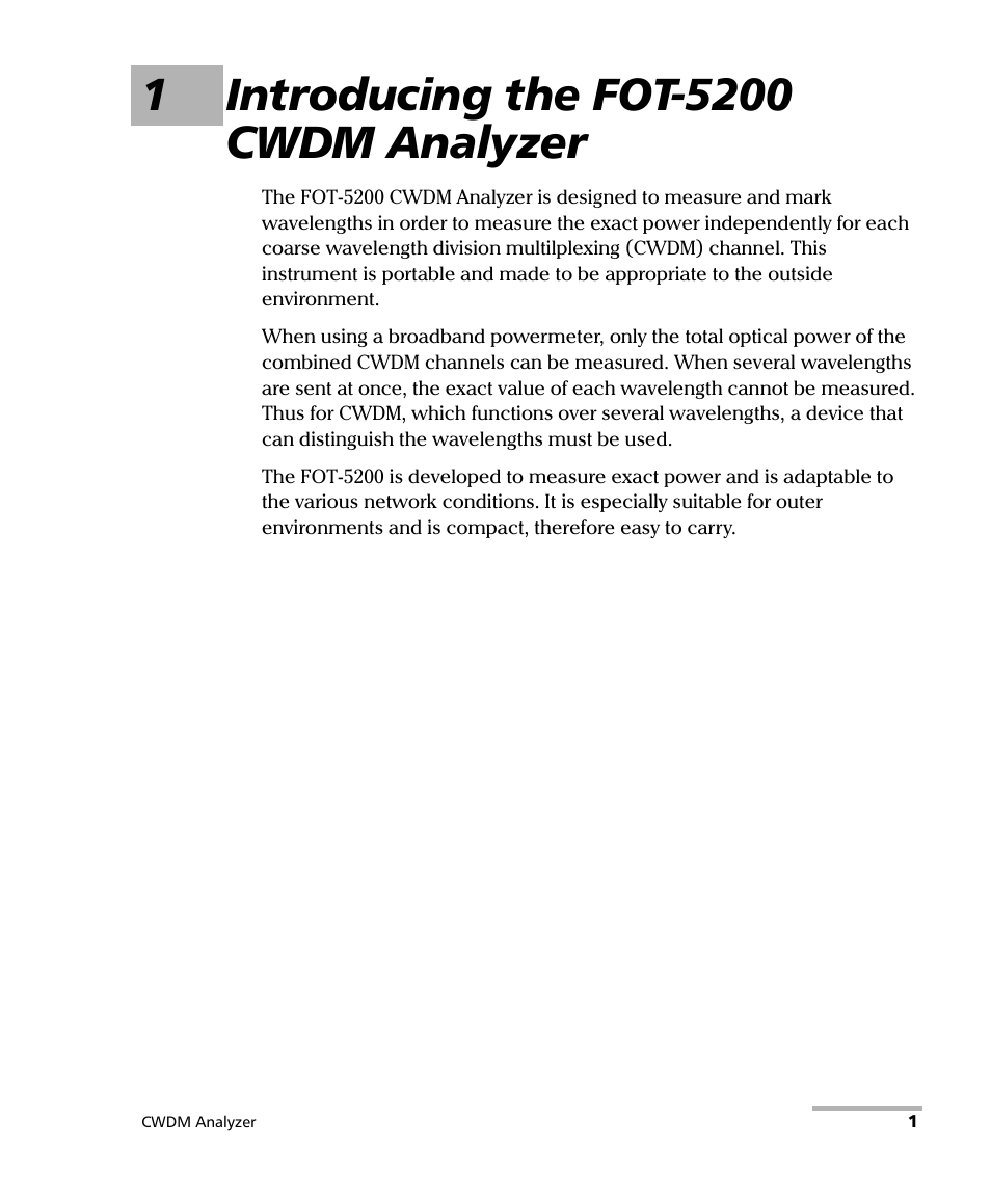 1 introducing the fot-5200 cwdm analyzer | EXFO FOT-5200 Coarse Spectrum Analyzer User Manual | Page 7 / 47