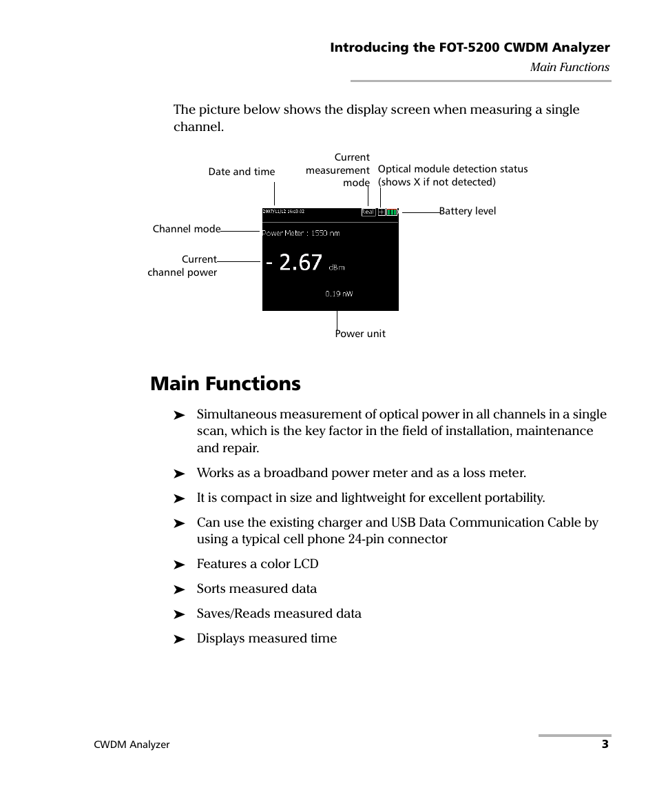 Main functions | EXFO FOT-5200 Coarse Spectrum Analyzer User Manual | Page 9 / 47