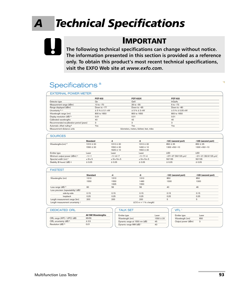A technical specifications, Mportant, Specifications | Multifunction loss tester | EXFO FOT-930 Multifunction Loss Tester User Manual | Page 101 / 111