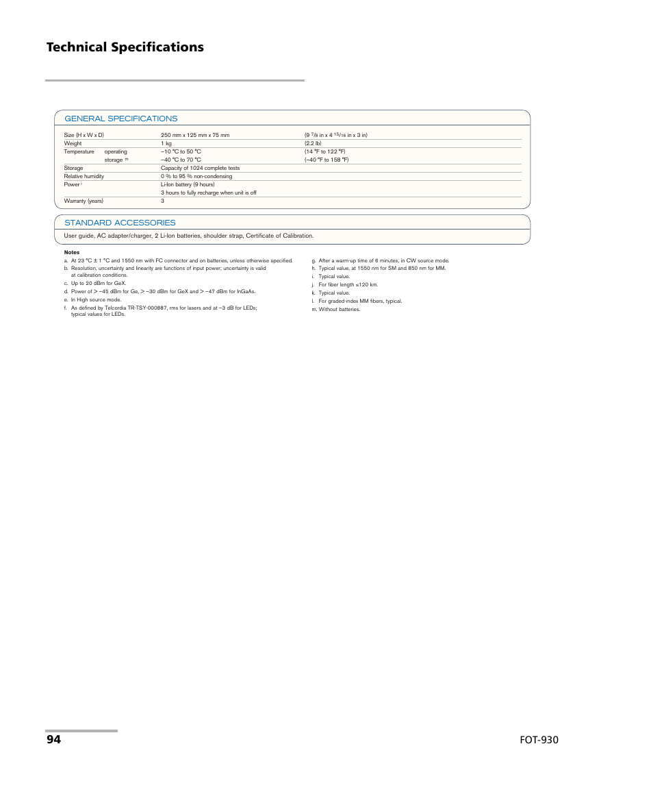 Technical specifications, Fot-930 | EXFO FOT-930 Multifunction Loss Tester User Manual | Page 102 / 111
