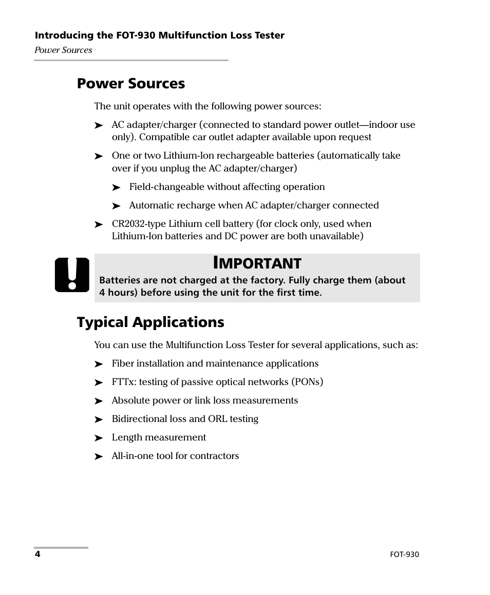 Power sources, Typical applications, Power sources typical applications | Mportant | EXFO FOT-930 Multifunction Loss Tester User Manual | Page 12 / 111
