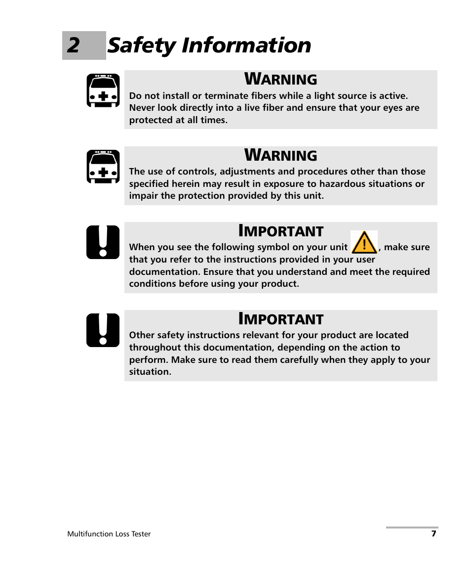 2 safety information, 2safety information | EXFO FOT-930 Multifunction Loss Tester User Manual | Page 15 / 111