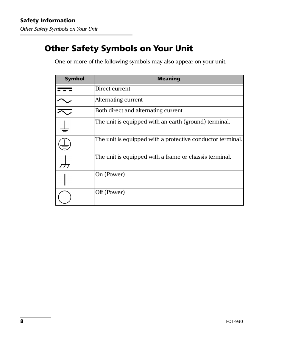 Other safety symbols on your unit | EXFO FOT-930 Multifunction Loss Tester User Manual | Page 16 / 111