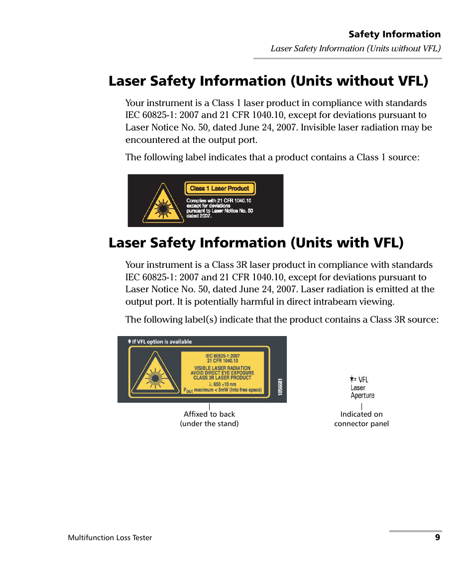 Laser safety information (units without vfl), Laser safety information (units with vfl) | EXFO FOT-930 Multifunction Loss Tester User Manual | Page 17 / 111