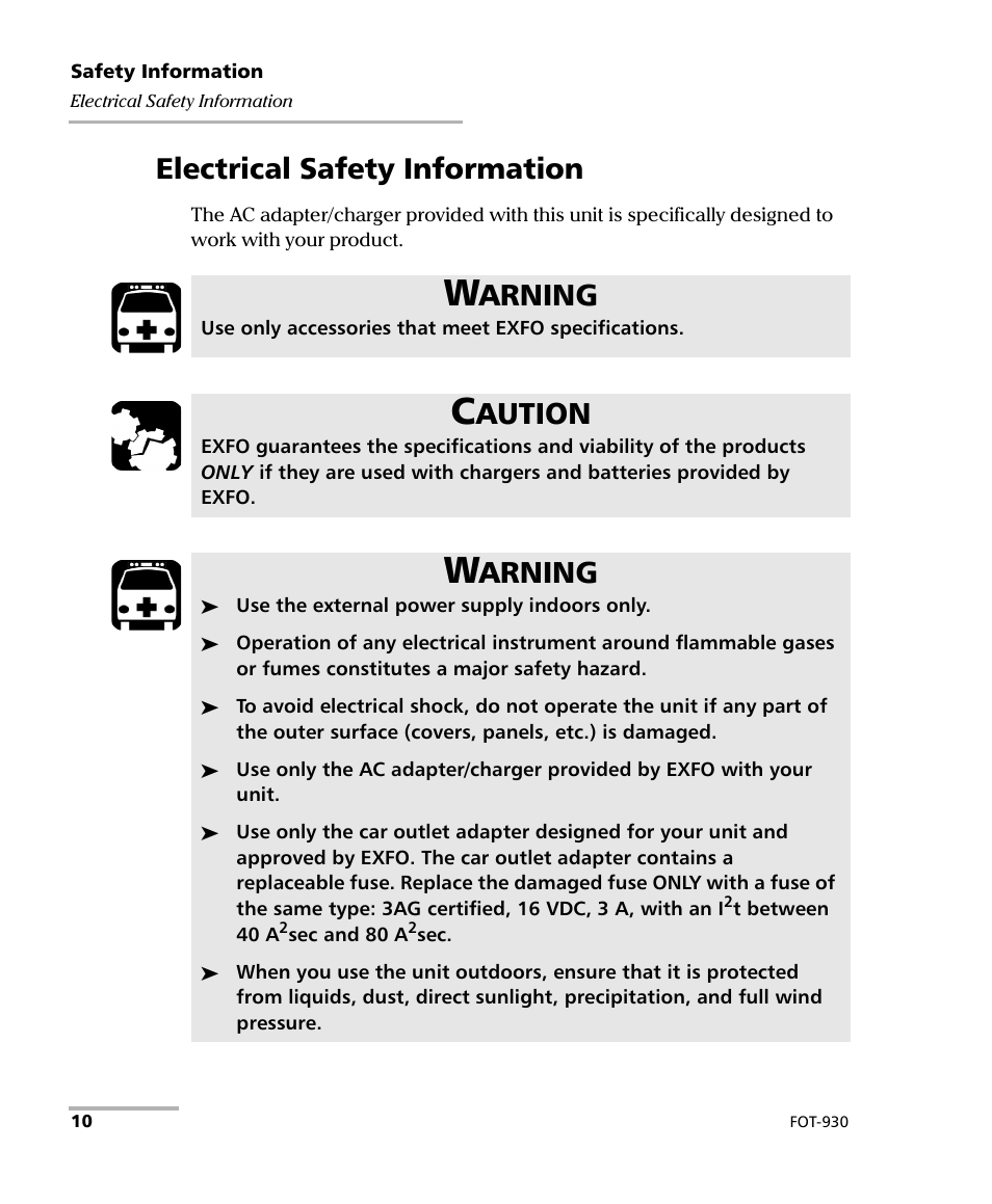Electrical safety information, Arning, Aution | EXFO FOT-930 Multifunction Loss Tester User Manual | Page 18 / 111