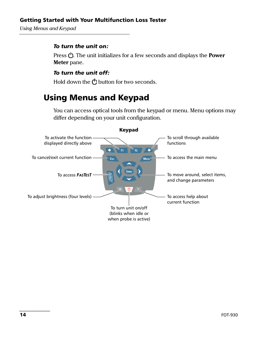 Using menus and keypad | EXFO FOT-930 Multifunction Loss Tester User Manual | Page 22 / 111