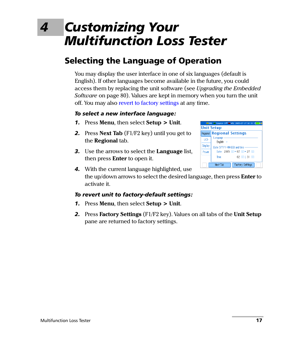 4 customizing your multifunction loss tester, Selecting the language of operation, 4customizing your multifunction loss tester | EXFO FOT-930 Multifunction Loss Tester User Manual | Page 25 / 111