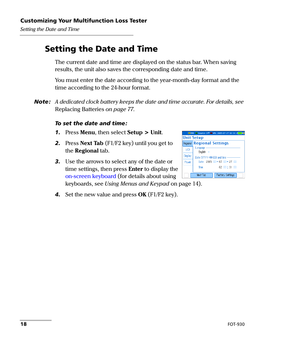 Setting the date and time | EXFO FOT-930 Multifunction Loss Tester User Manual | Page 26 / 111