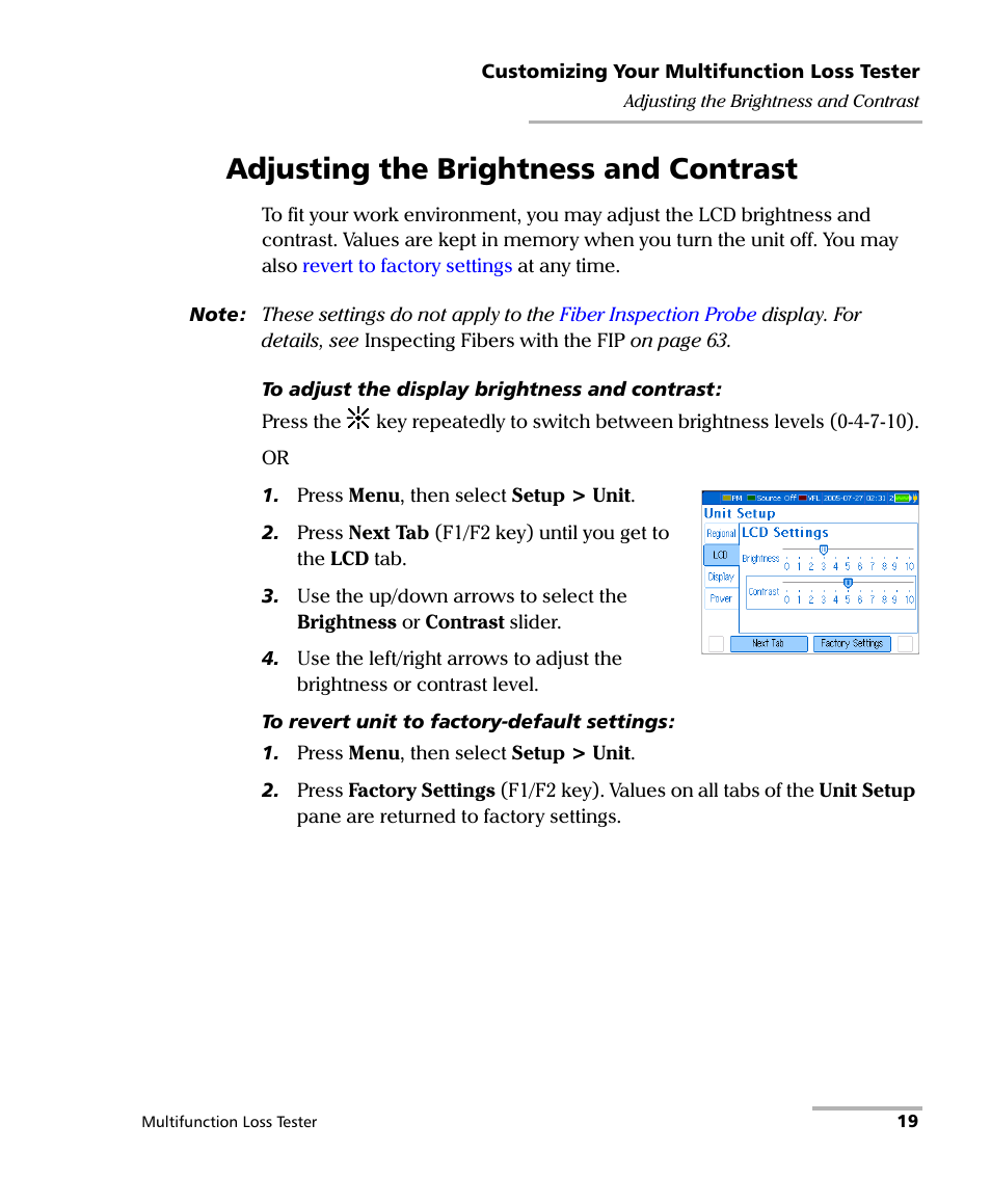 Adjusting the brightness and contrast | EXFO FOT-930 Multifunction Loss Tester User Manual | Page 27 / 111