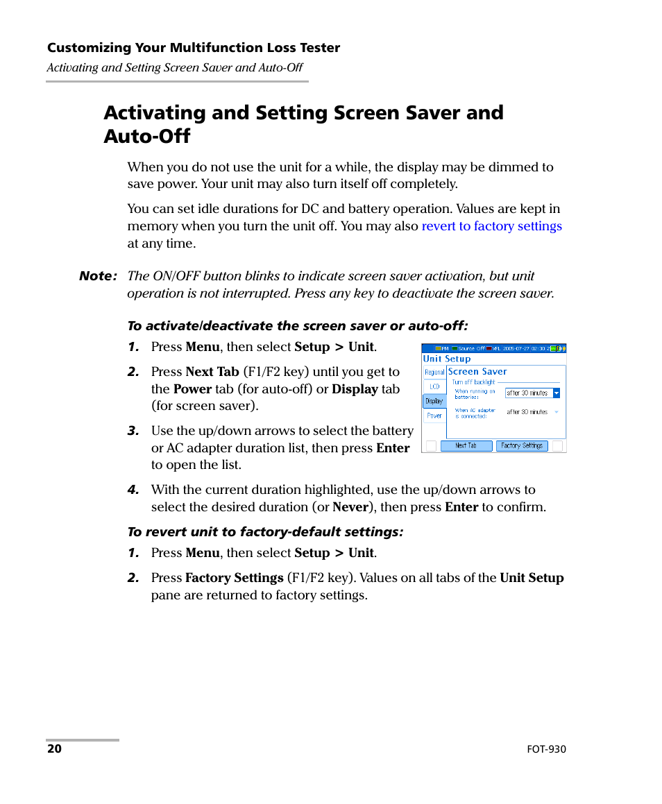 Activating and setting screen saver and auto-off | EXFO FOT-930 Multifunction Loss Tester User Manual | Page 28 / 111