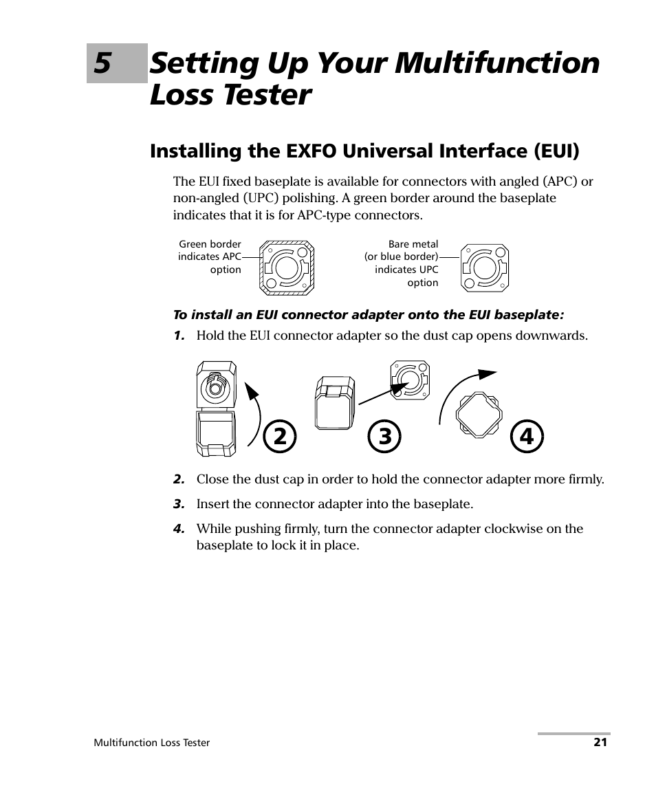5 setting up your multifunction loss tester, Installing the exfo universal interface (eui), 5setting up your multifunction loss tester | EXFO FOT-930 Multifunction Loss Tester User Manual | Page 29 / 111