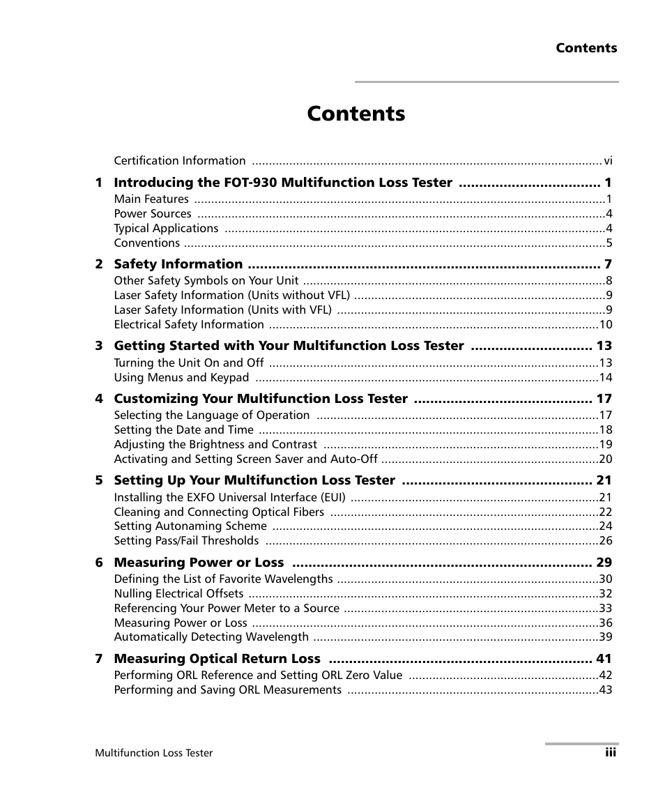 EXFO FOT-930 Multifunction Loss Tester User Manual | Page 3 / 111