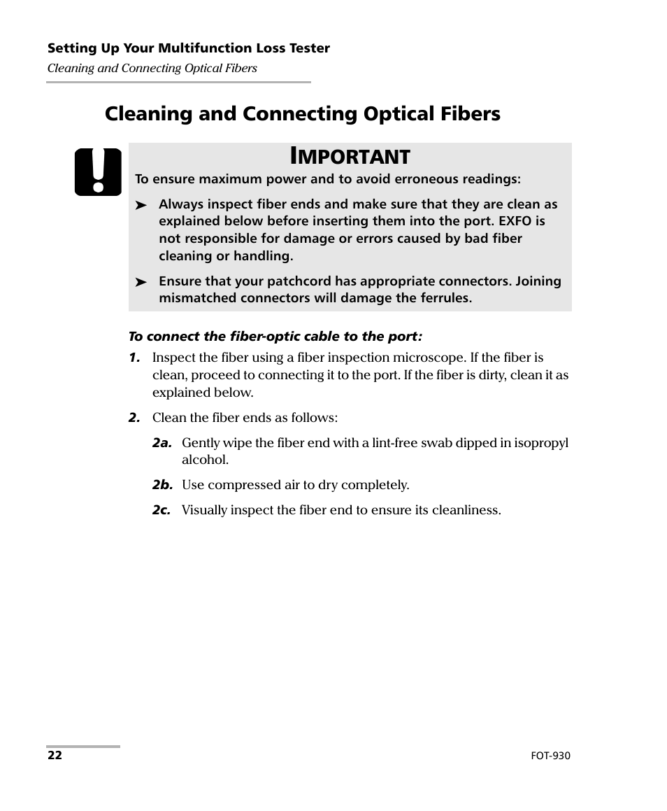 Cleaning and connecting optical fibers, Mportant | EXFO FOT-930 Multifunction Loss Tester User Manual | Page 30 / 111