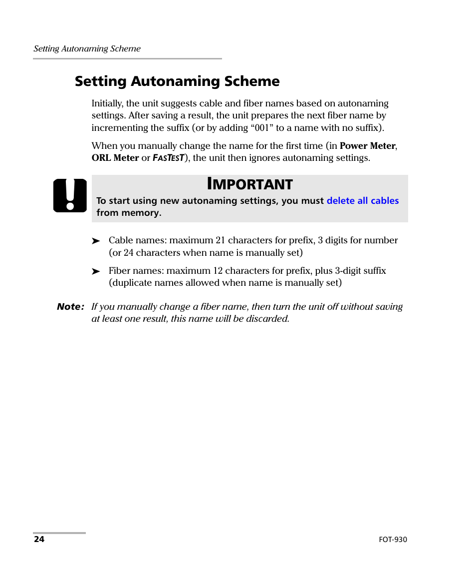 Setting autonaming scheme, Mportant | EXFO FOT-930 Multifunction Loss Tester User Manual | Page 32 / 111