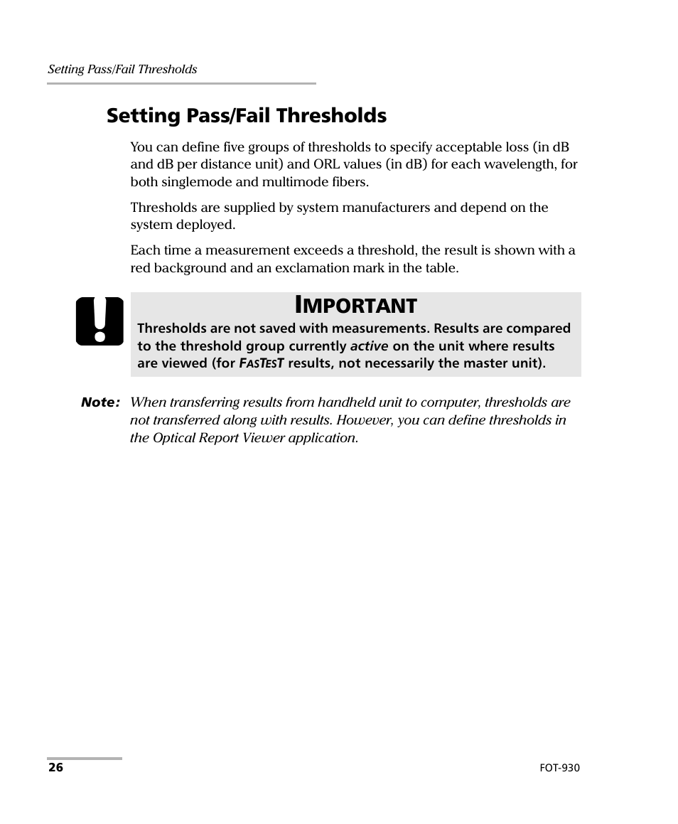 Setting pass/fail thresholds, Mportant | EXFO FOT-930 Multifunction Loss Tester User Manual | Page 34 / 111