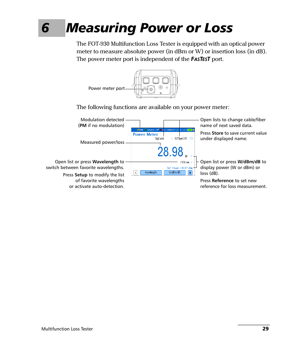 6 measuring power or loss, 6measuring power or loss | EXFO FOT-930 Multifunction Loss Tester User Manual | Page 37 / 111