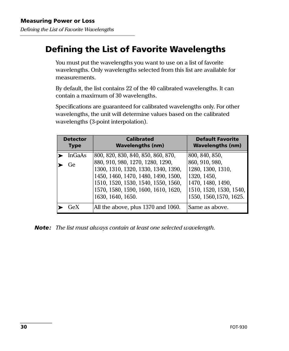 Defining the list of favorite wavelengths | EXFO FOT-930 Multifunction Loss Tester User Manual | Page 38 / 111