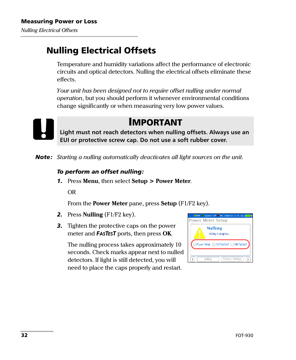 Nulling electrical offsets, Mportant | EXFO FOT-930 Multifunction Loss Tester User Manual | Page 40 / 111