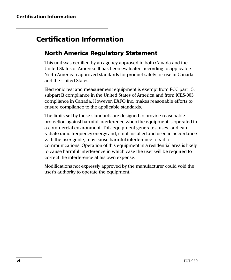 Certification information, North america regulatory statement | EXFO FOT-930 Multifunction Loss Tester User Manual | Page 6 / 111