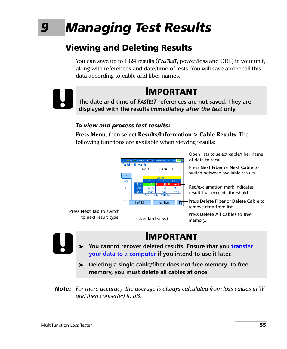 9 managing test results, Viewing and deleting results, 9managing test results | Mportant | EXFO FOT-930 Multifunction Loss Tester User Manual | Page 63 / 111