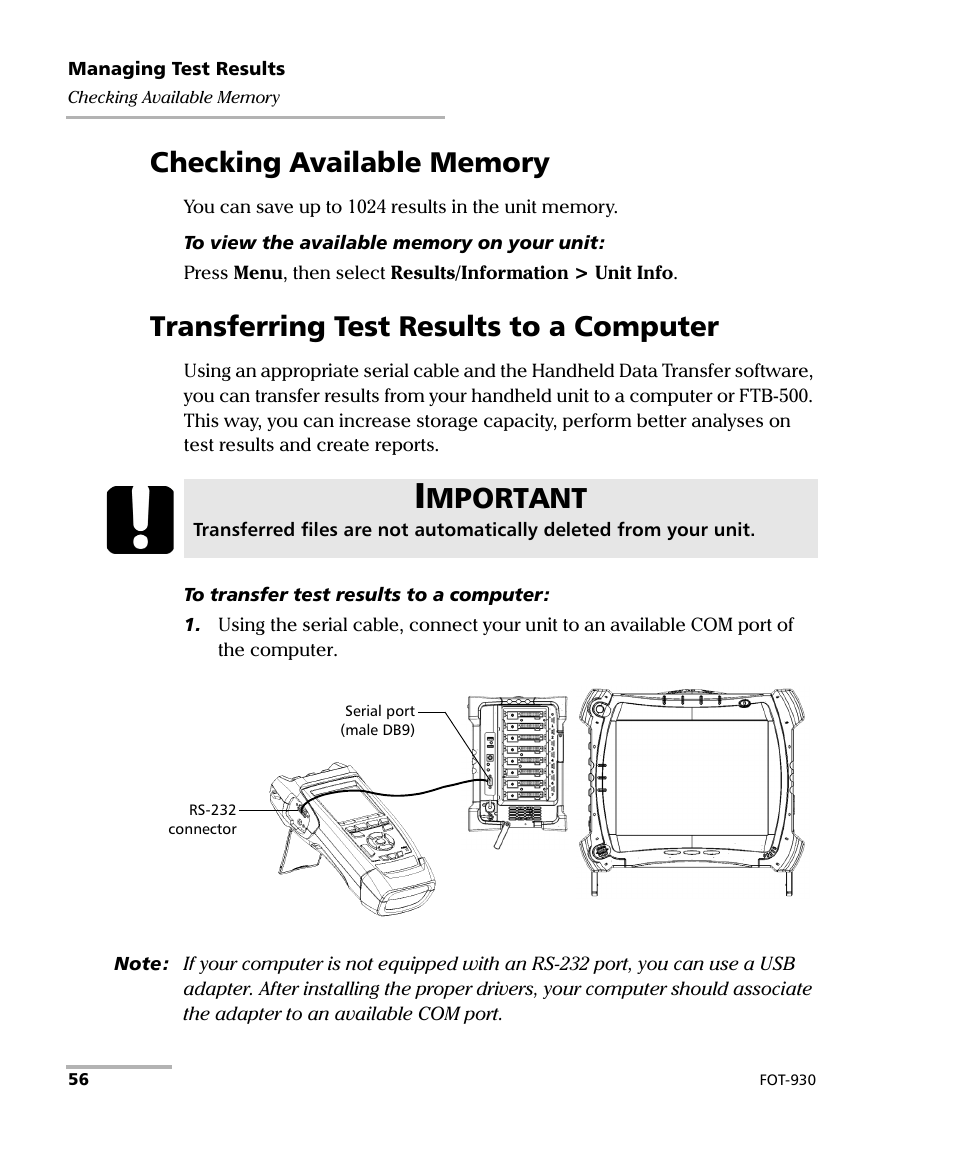 Checking available memory, Transferring test results to a computer, Mportant | EXFO FOT-930 Multifunction Loss Tester User Manual | Page 64 / 111