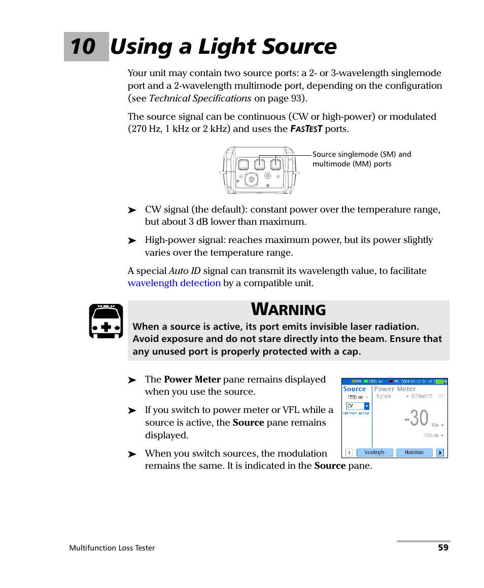 10 using a light source, Arning | EXFO FOT-930 Multifunction Loss Tester User Manual | Page 67 / 111