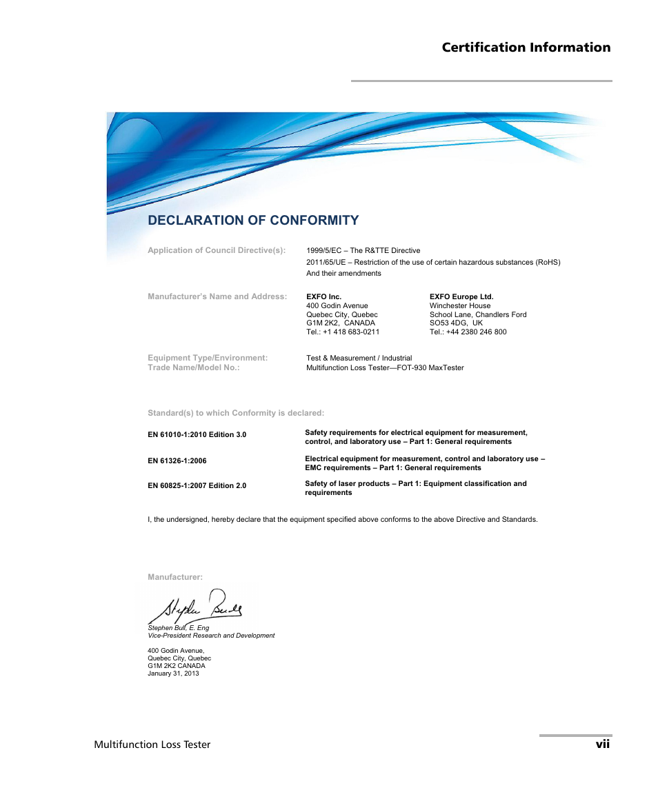 Declaration of conformity, Certification information, Multifunction loss tester | EXFO FOT-930 Multifunction Loss Tester User Manual | Page 7 / 111