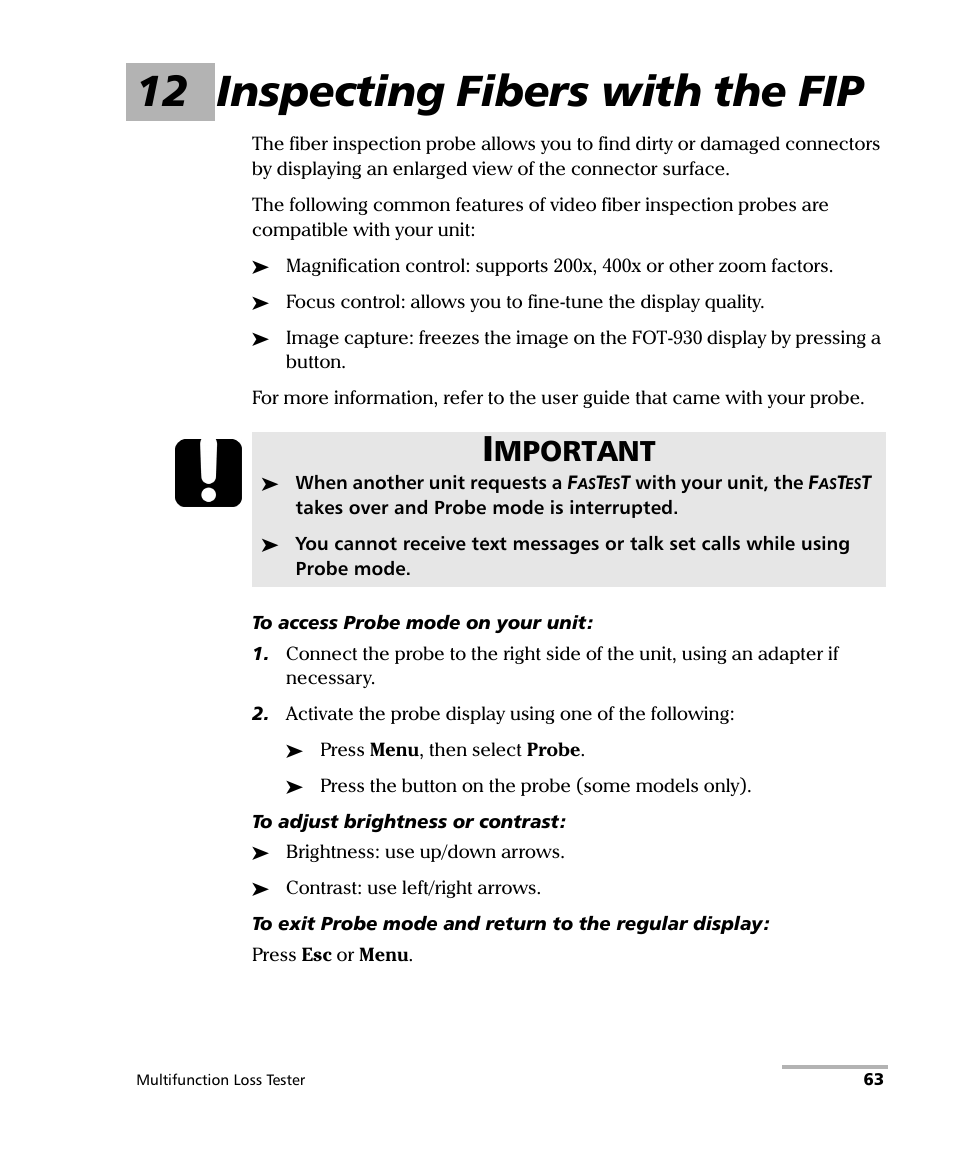 12 inspecting fibers with the fip, Mportant | EXFO FOT-930 Multifunction Loss Tester User Manual | Page 71 / 111