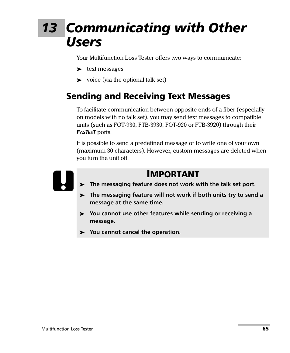 13 communicating with other users, Sending and receiving text messages, Mportant | EXFO FOT-930 Multifunction Loss Tester User Manual | Page 73 / 111