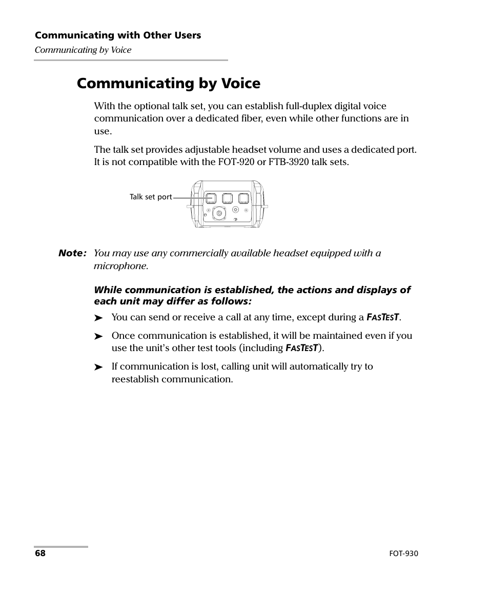 Communicating by voice, Voice (via the optional talk set) | EXFO FOT-930 Multifunction Loss Tester User Manual | Page 76 / 111