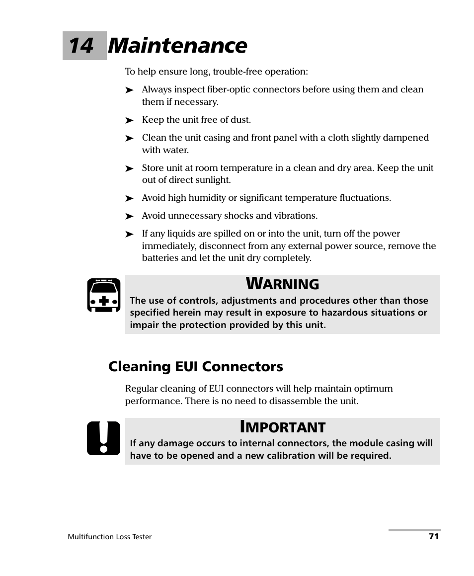 14 maintenance, Cleaning eui connectors, Arning | Mportant | EXFO FOT-930 Multifunction Loss Tester User Manual | Page 79 / 111