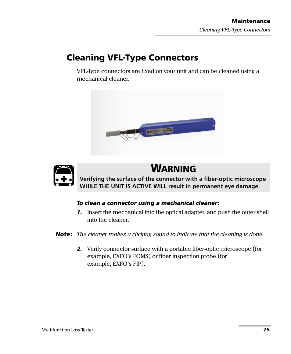 Cleaning vfl-type connectors, Arning | EXFO FOT-930 Multifunction Loss Tester User Manual | Page 83 / 111