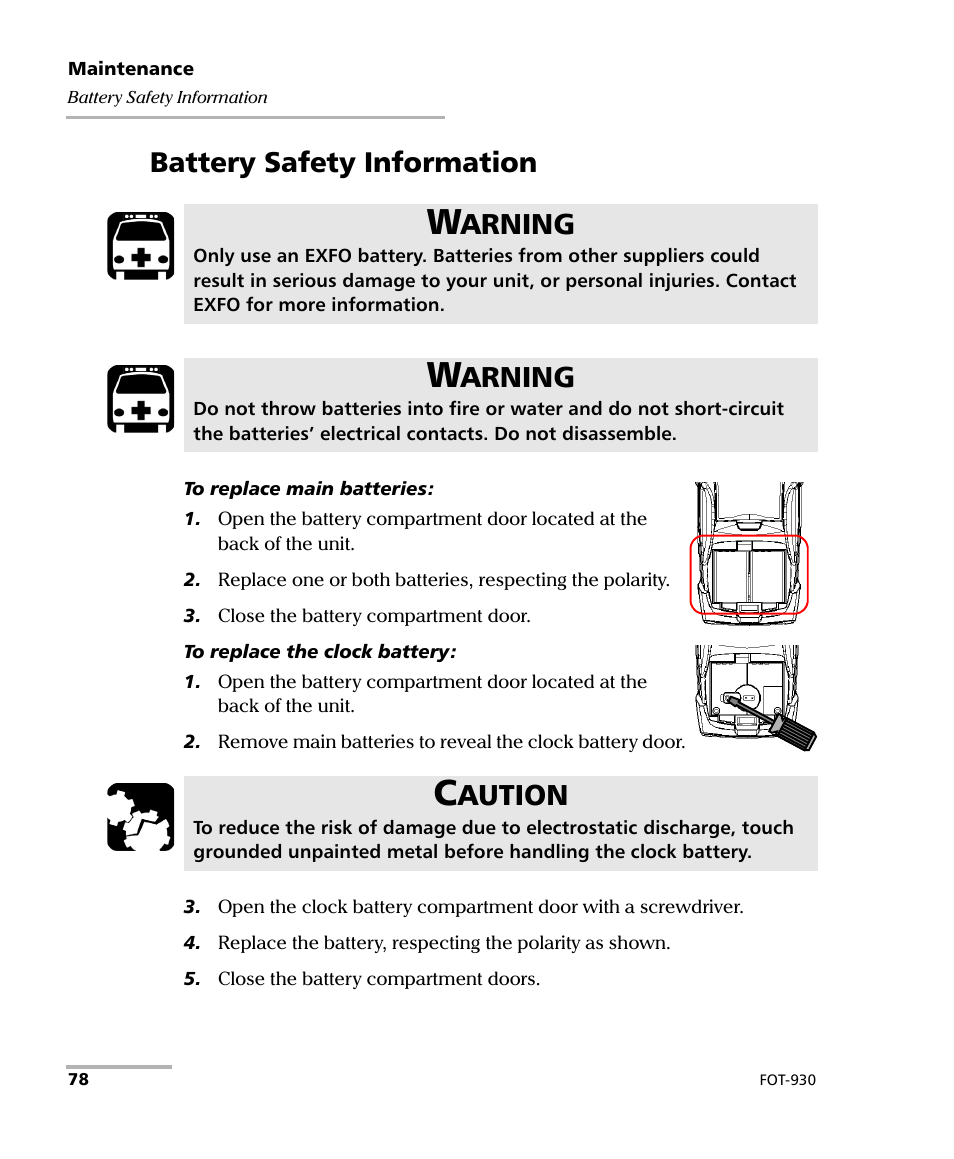 Battery safety information, Arning, Aution | EXFO FOT-930 Multifunction Loss Tester User Manual | Page 86 / 111
