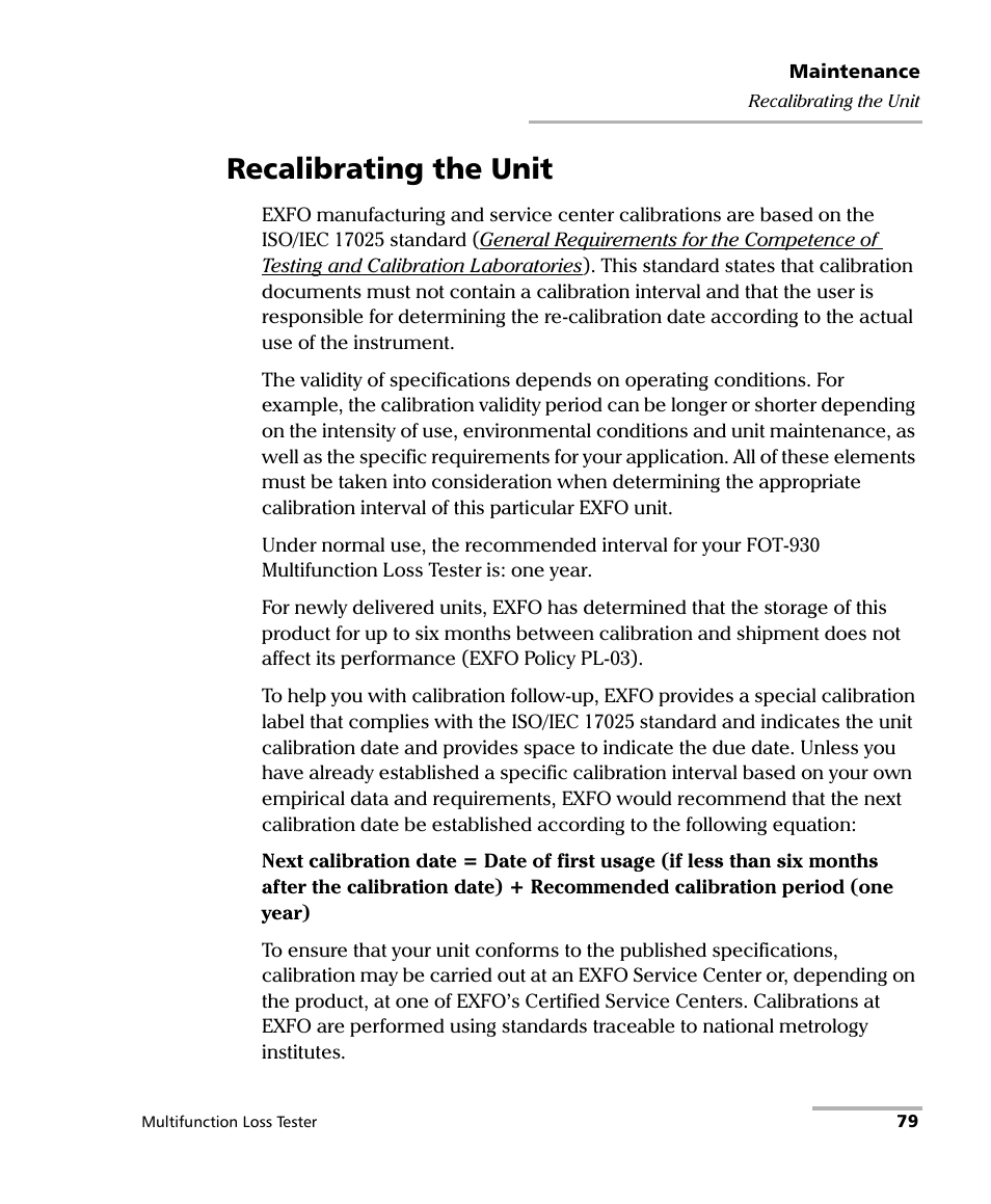 Recalibrating the unit | EXFO FOT-930 Multifunction Loss Tester User Manual | Page 87 / 111