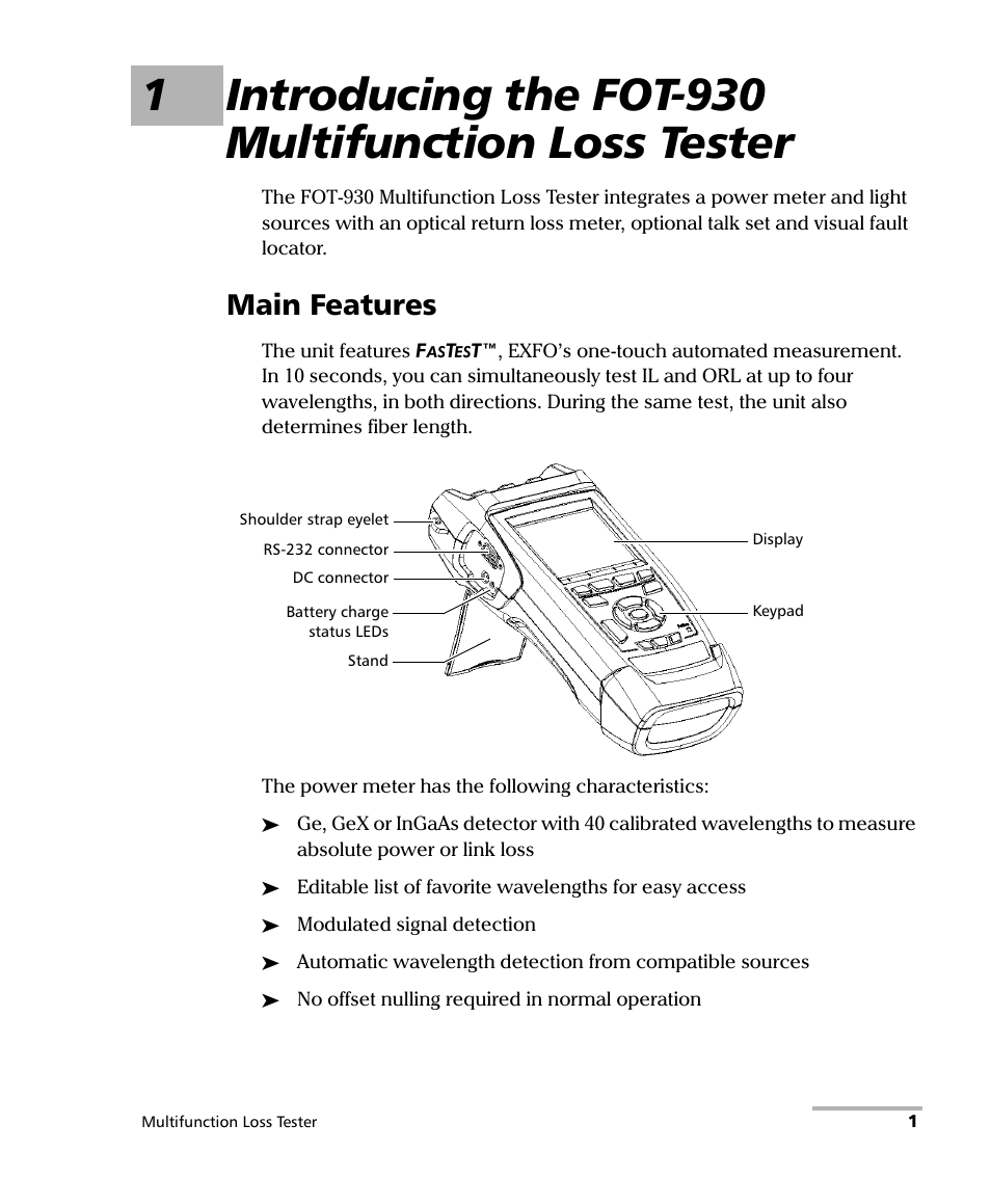 Main features, 1introducing the fot-930 multifunction loss tester | EXFO FOT-930 Multifunction Loss Tester User Manual | Page 9 / 111