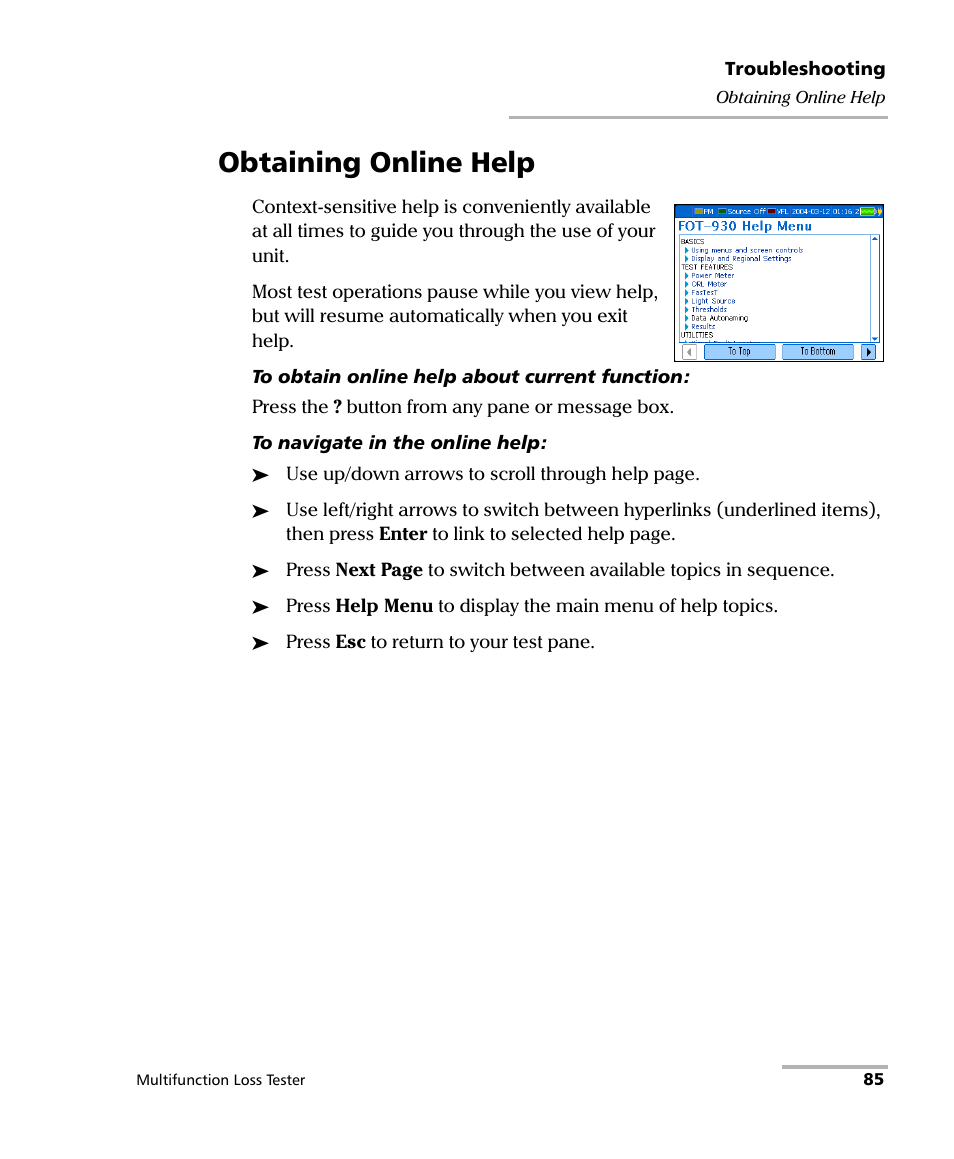 Obtaining online help | EXFO FOT-930 Multifunction Loss Tester User Manual | Page 93 / 111