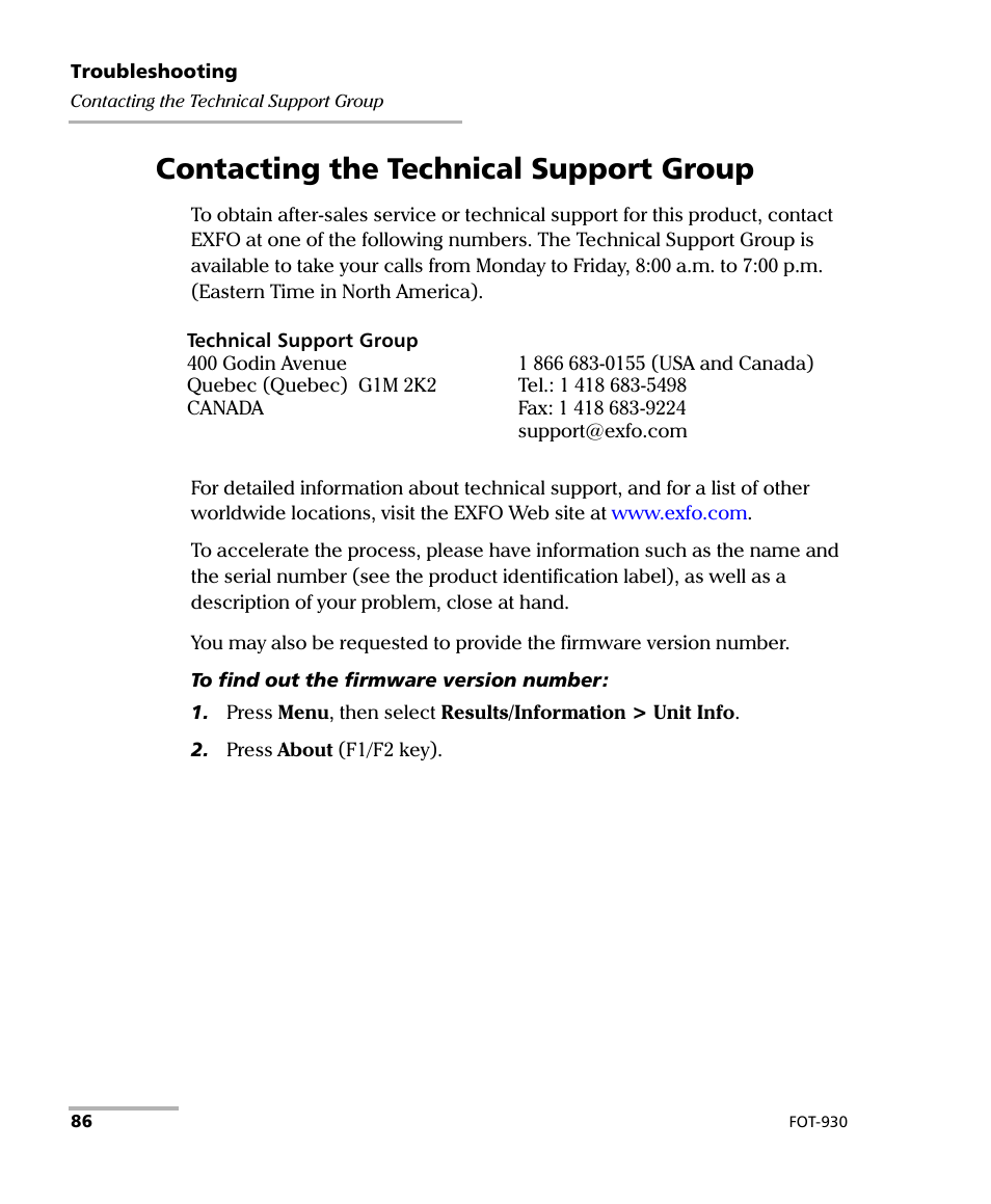 Contacting the technical support group | EXFO FOT-930 Multifunction Loss Tester User Manual | Page 94 / 111