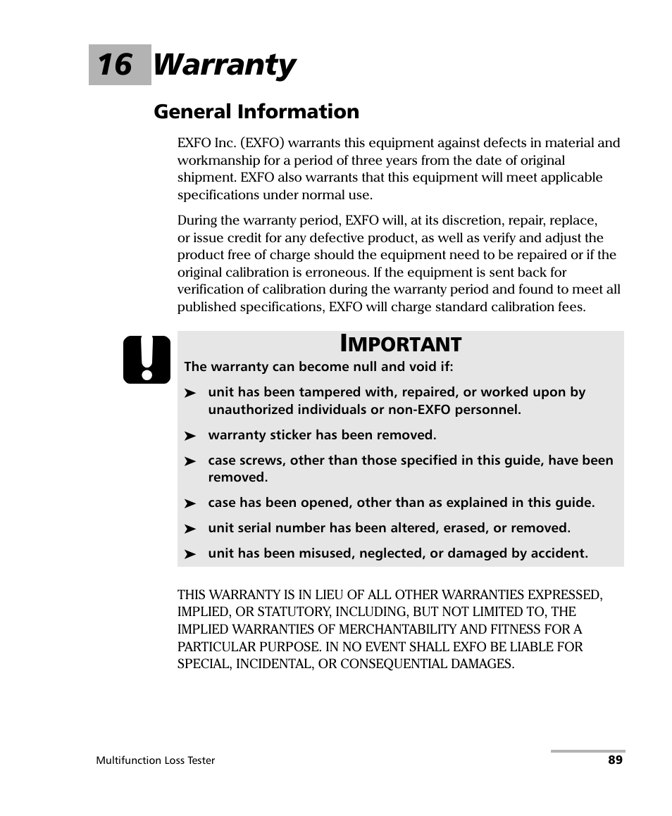 16 warranty, General information, Mportant | EXFO FOT-930 Multifunction Loss Tester User Manual | Page 97 / 111